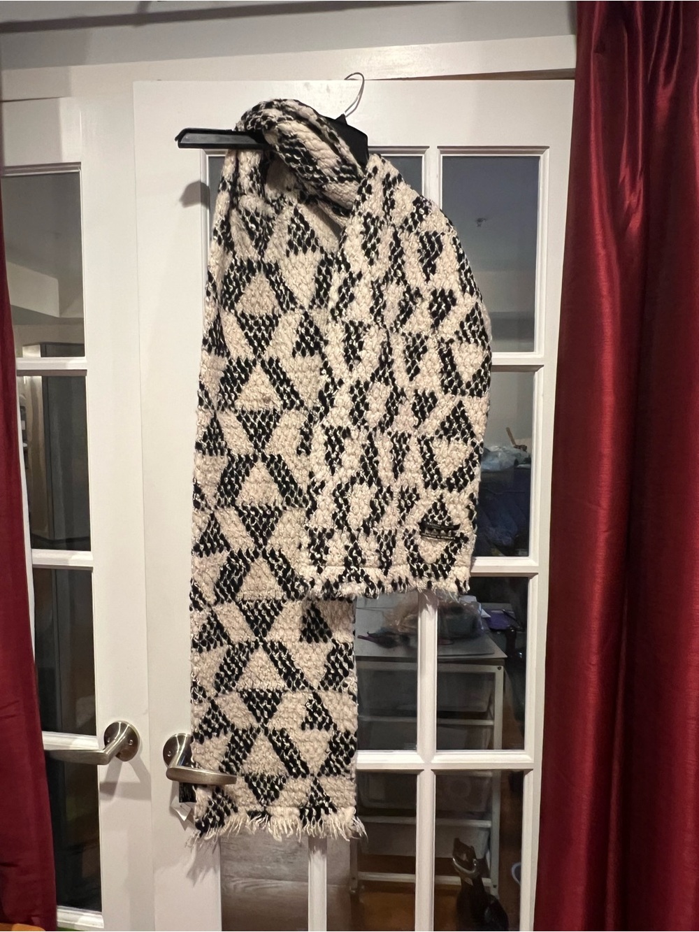 Scotch & Soda Black and Cream Geometric Knit Cardigan with Fringe